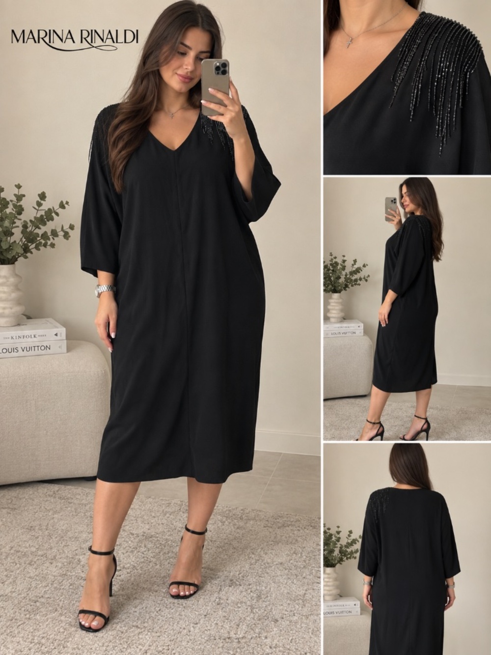 Marina Rinaldi Black Embellished Midi Dress